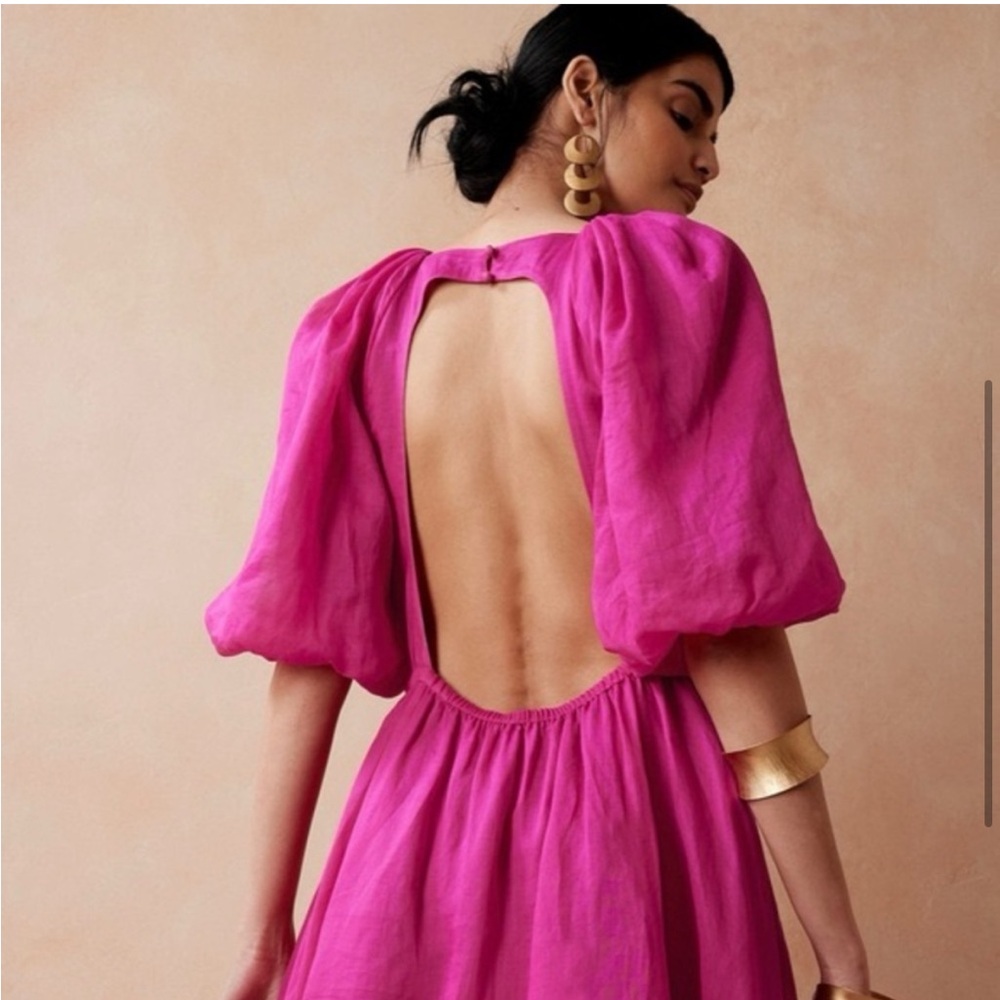 Banana Republic Pink Puff Sleeve Open Back Mini Dress Ramie Size M NWT - Picture 5 of 15